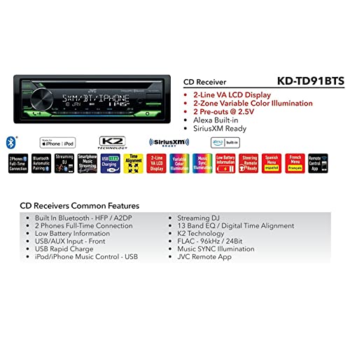 JVC KD-TD91BTS Bluetooth Car Stereo Receiver with USB Port – 2-Line LCD Display, AM/FM Radio – CD and MP3 Player - Amazon Alexa Enabled – Single DIN - 13-Band EQ (Black) JVC KD-TD91BTS Bluetooth Car Stereo Receiver with USB Port – 2-Line LCD Display, AM/FM Radio – CD and MP3 Player - Amazon Alexa Enabled – Single DIN - 13-Band EQ (Black)